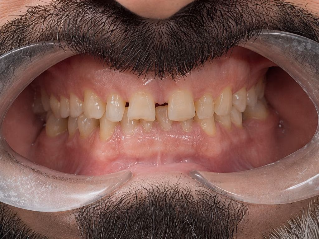 Worn and discoloured upper and lower teeth before Hollywood Smile treatment at Burlington Dental Centre